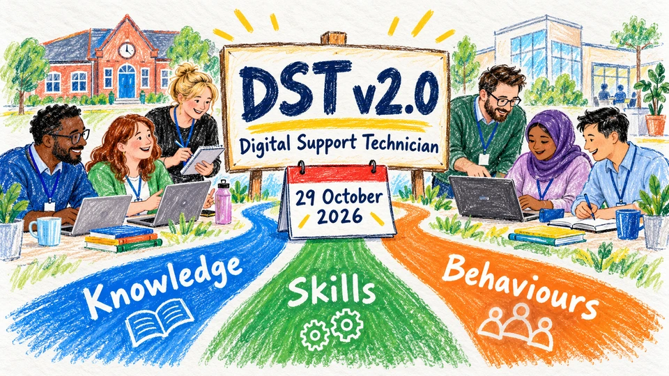 Crayon-style illustration of adult learners with Knowledge, Skills and Behaviours paths leading to DST v2.0, with the date 29 October 2026.