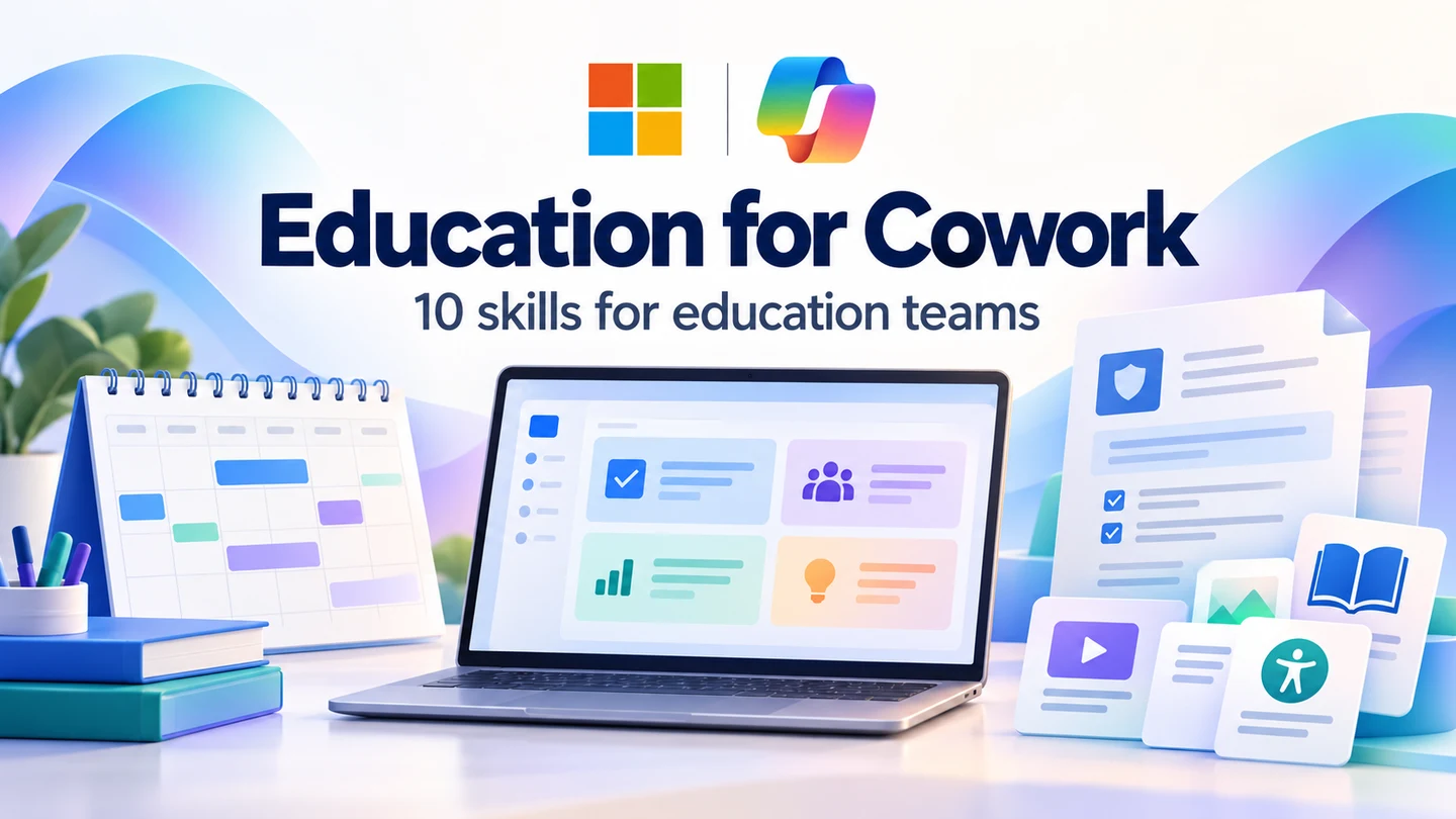 Microsoft and Copilot logos above an illustrated laptop, term calendar, policy document and accessible learning materials.