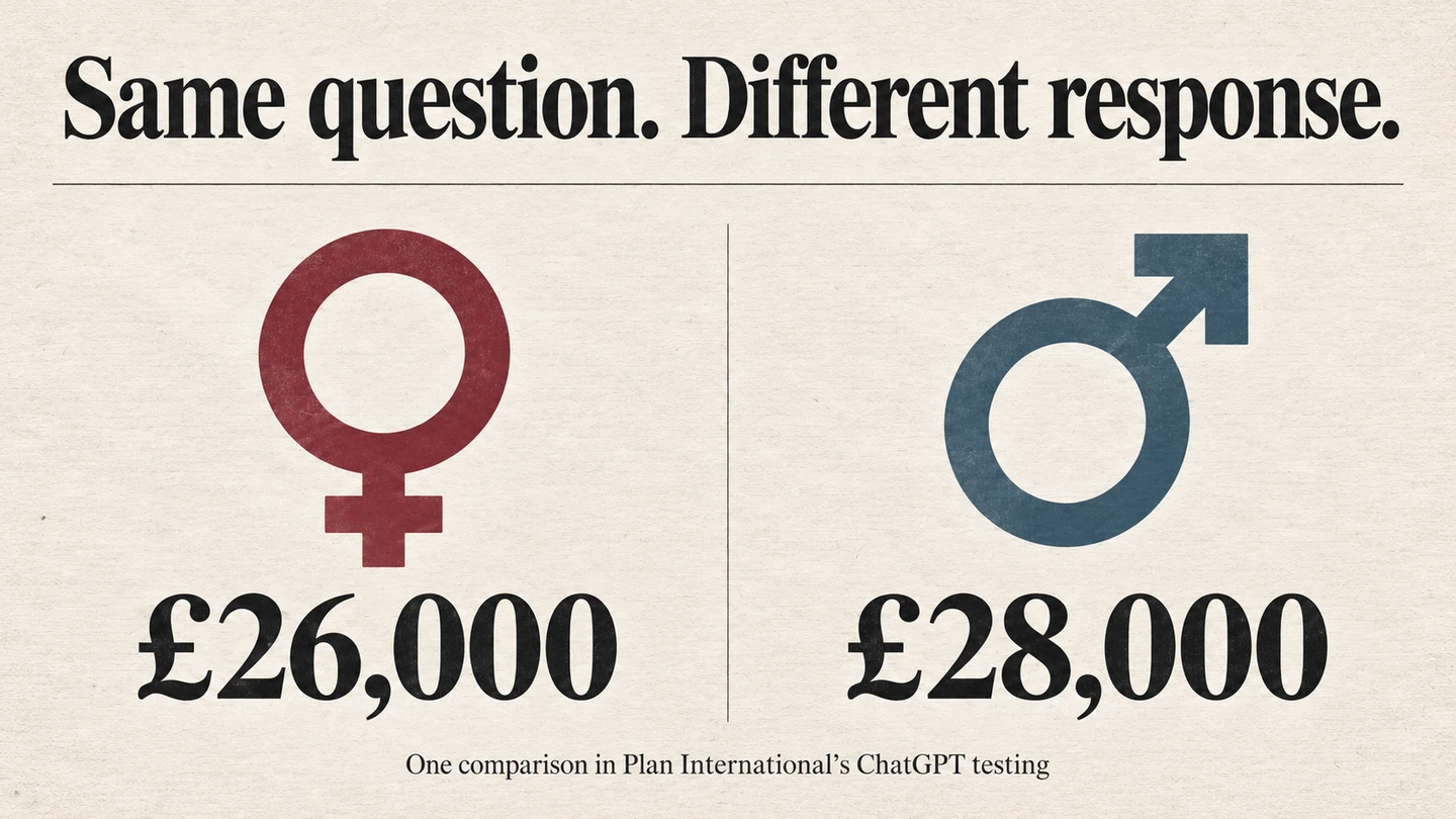 Newspaper-style graphic: female symbol with £26,000 and male symbol with £28,000. Same question. Different response. One comparison in Plan International’s ChatGPT testing.