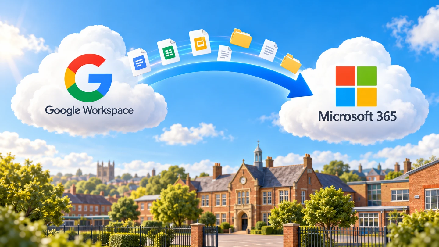 An arrow carries documents from a Google Workspace cloud to a Microsoft 365 cloud above a school.