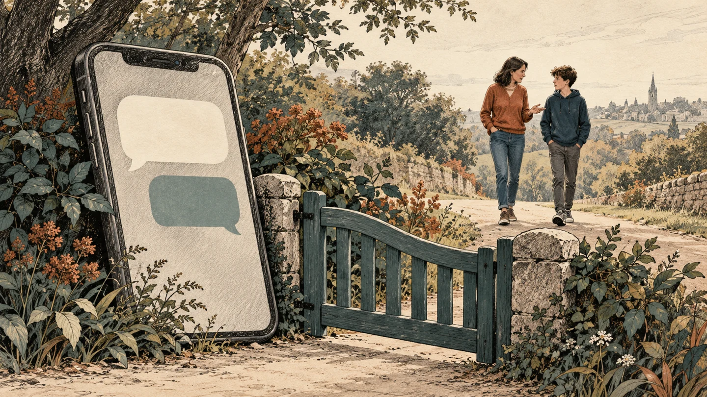A phone with speech bubbles beside a protective gate, with an adult and teenager talking in the distance.