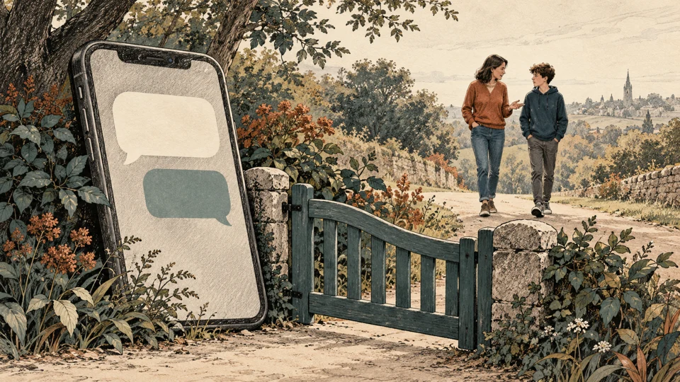 A phone with speech bubbles beside a protective gate, with an adult and teenager talking in the distance.