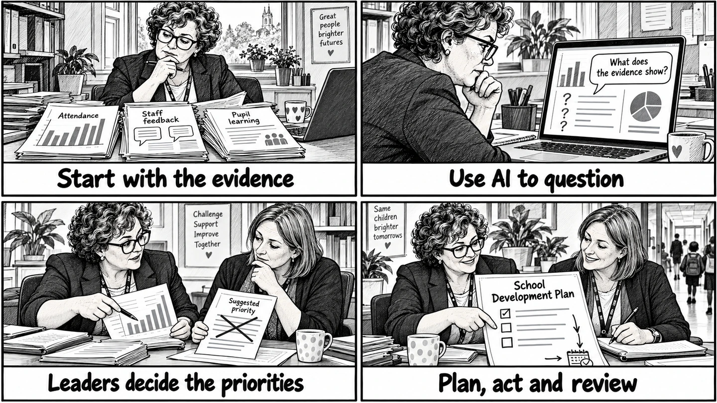 Four-panel newspaper cartoon: gather school evidence, use AI to question it, let leaders decide priorities, then plan, act and review.