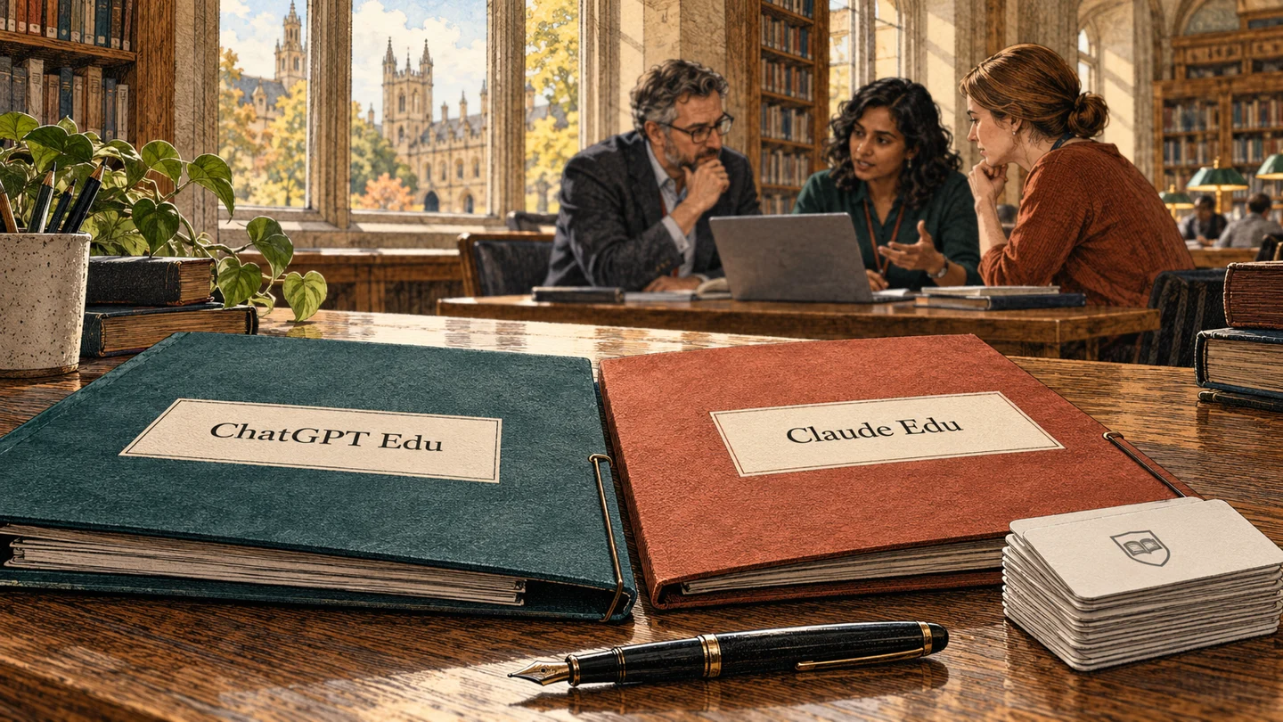AI contract folders and access cards on a university desk, with staff discussing a laptop in the background.