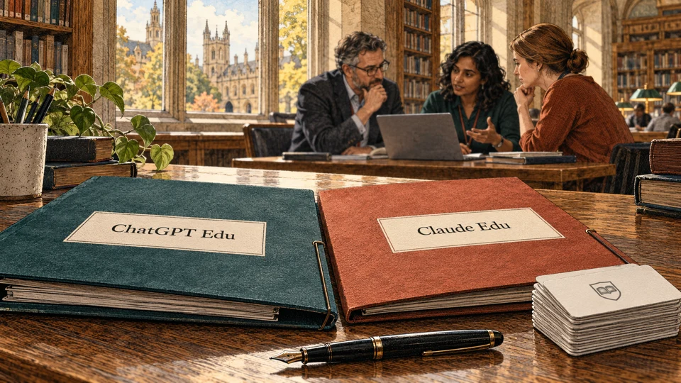 AI contract folders and access cards on a university desk, with staff discussing a laptop in the background.